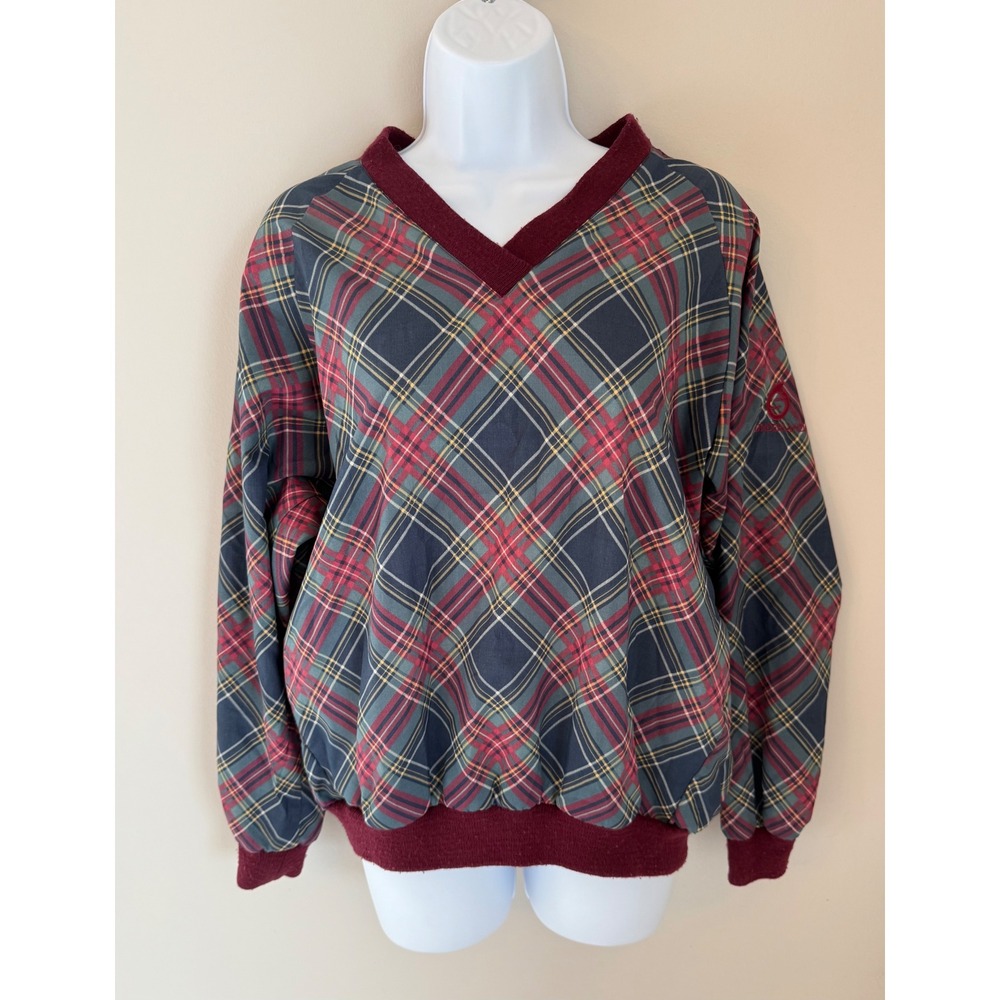 Vintage Sunderland Pullover Small Burgundy Plaid V-Neck Golf Windshirt Scotland